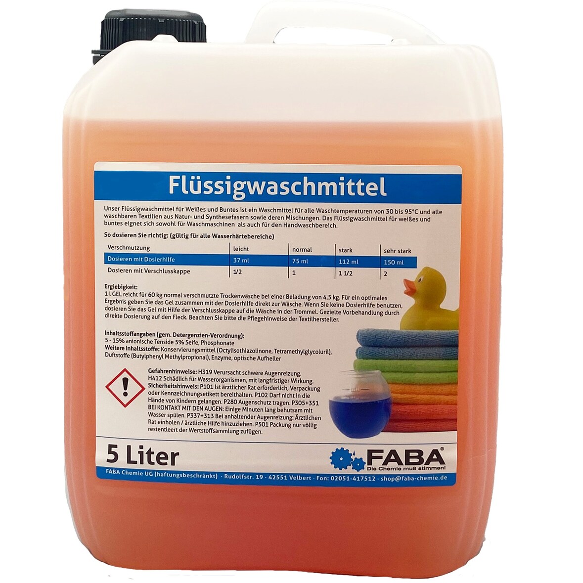 FABA Flüssigwaschmittel Konzentrat 5 L, orange, Universal Color angenehm frisch inkl. Ausgießer