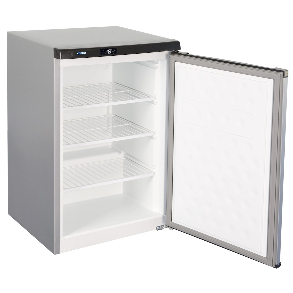 Verticale RVS vriezer van 112 liter met 3 legborden voor de horeca. RVS vrieskast voor bar en restaurant.
