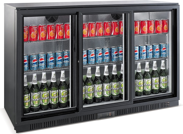 Barkühlschrank TAMANDUA | 3x Glasschiebetür + LED | 320 Liter, HxBxT 85x135x52cm | 0/+10°C | Schwarz | + CHEFGASTRO Geschirrtuch