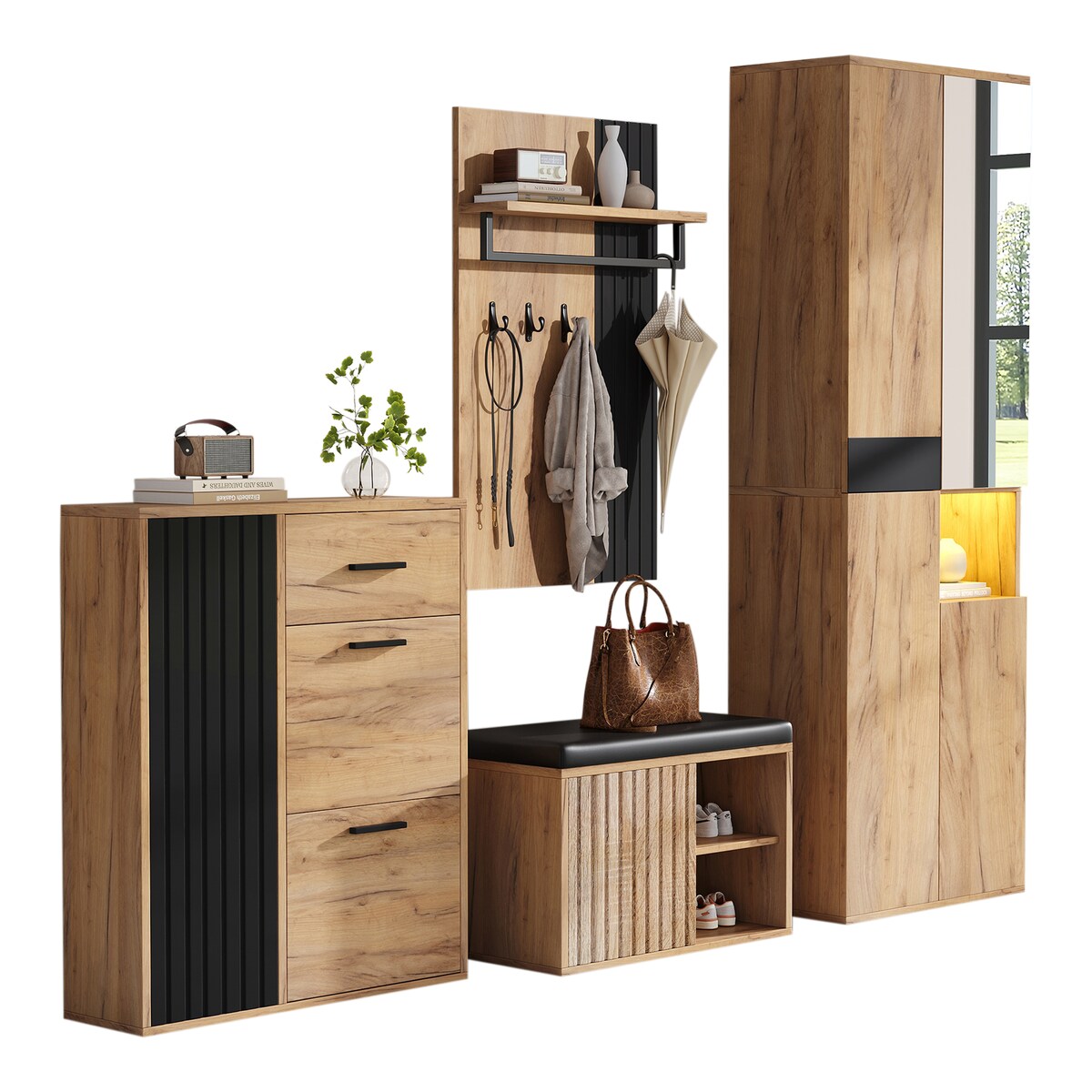 OKWISH Garderobenset Wandgarderobe 4 Türen 12 Fächer Spiegel Schuhschrank Aufbewahrung Flur Stauraum Holz modern 215x36x190 Natur Schwarz