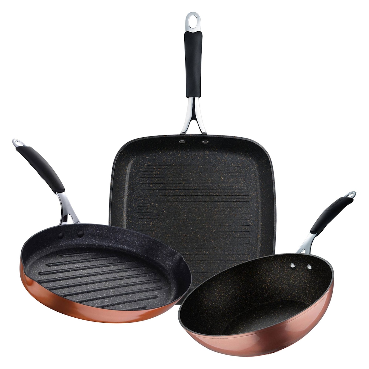 BERGNER Copper - ILAG Grillpfannen-Set aus geschmiedetem Aluminium mit Antihaftbeschichtung (28x28cm), Wok (Ø28cm) und Fischpfanne (32x21,8x4cm)