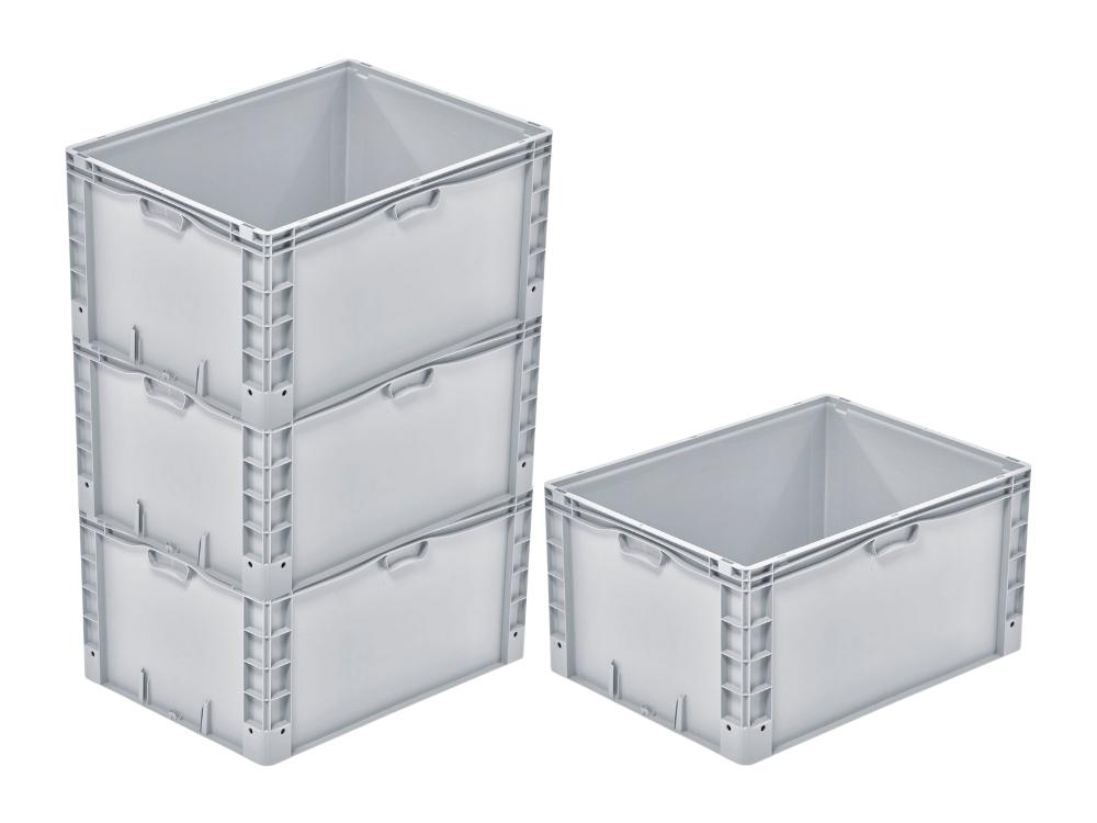 PROREGAL 4x Euro-Norm Großbehälter | HxBxT 42x60x80cm | 168 Liter | Verstärkter Boden | Grau | Eurobehälter
