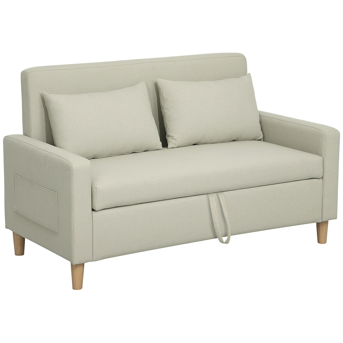 HOMCOM sofá de 2 plazas tapizado en lino sintético con 2 almohadas espacio de almacenamiento y patas de madera carga 240 kg 135x72x84 cm beige