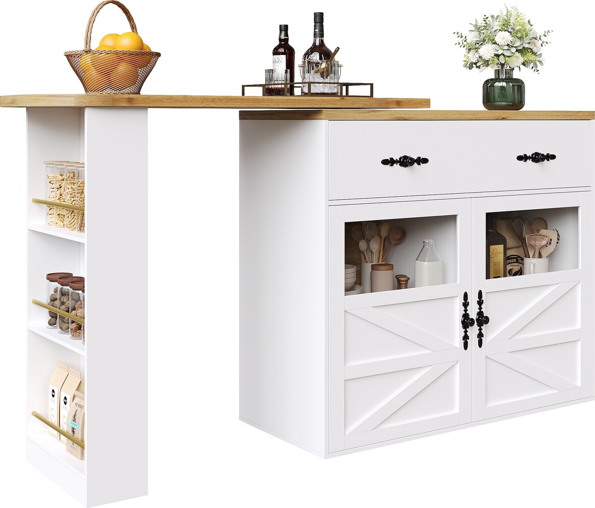 Bartisch ausziehbar Weiß 138x204x39x104 cm mit 360 Grad Drehfunktion, Stauraum mit Schublade und Regal, MDF mit Acryl Türen