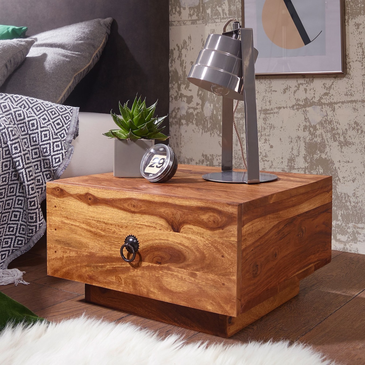 FineBuy Nachttisch Massiv-Holz Nacht-Kommode 25 cm hoch Schublade Nachtschrank