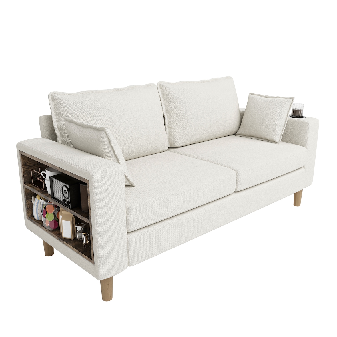 2-Sitzer-Sofa Chenille Beige 173 x 68 x 77 cm mit Stauraum, Getränkehaltern und 2 Rückenkissen