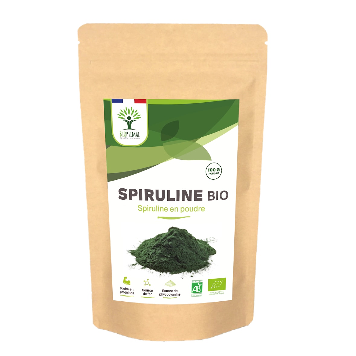 Spiruline Bio - Protéines Phycocyanine Fer - 100% Spiruline Pure en Poudre - Énergie - Conditionné en France - Certifié Ecocert - Vegan - 100 g