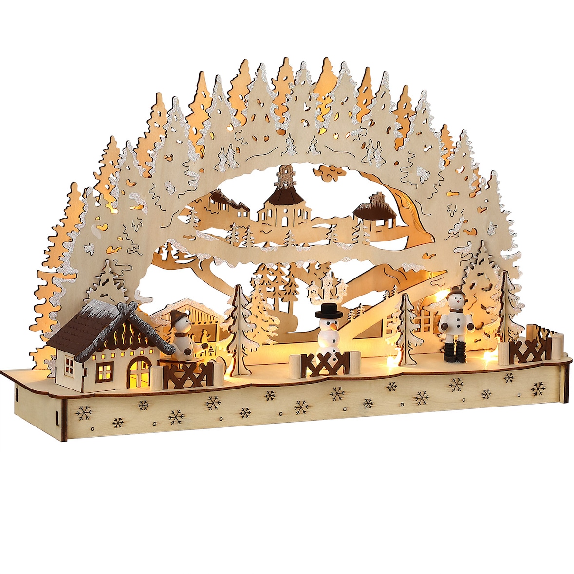 Monzana Schwibbogen Winterdorf Holz Hellbraun LED Beleuchtet Weihnachten Deko Weihnachtsbogen Lichterbogen