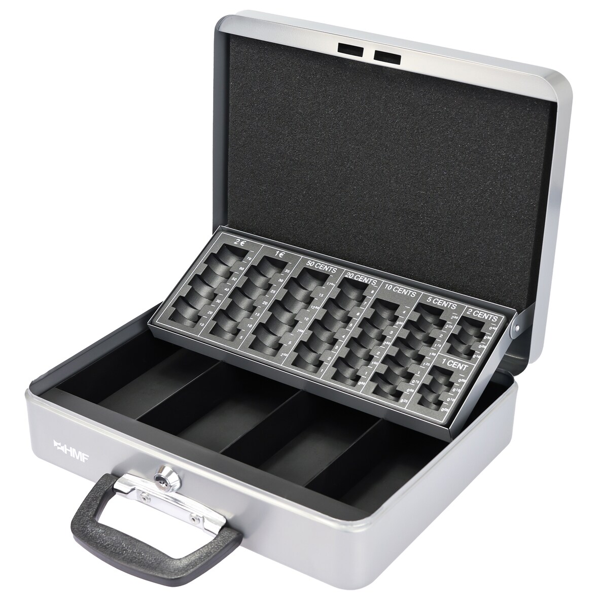 HMF 10016-09 Geldkassette abschließbar mit Münzzählbrett, Kasse mit Koffergriff, 30,5 x 24 x 8,5 cm, Silber