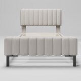 thumbnail of Polsterbett 90x200 cm mit höhenverstellbarem Kopfteil – Komfort für modernes Schlafzimmer, Grau-Beige, Massivholz, Metall, Leinen