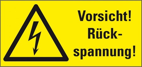 Aufkleber I Warn-Kombischild Vorsicht! Rückspannung!, praxisbewährt, Folie, selbstklebend, 52x26mm, 10/Bogen, BGV A8