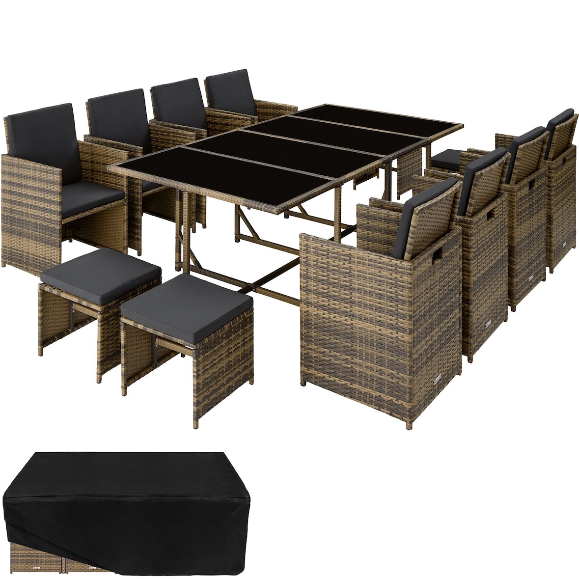 tectake Conjunto de ratán Palma compuesto de 8+4+1  Natural/Gris Oscuro
