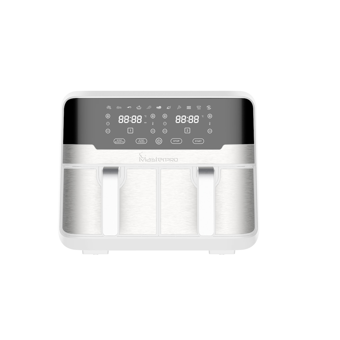 Freidora Sin Aceite Doble Blanca 9 L y 2400 W Pantalla LED Táctil Cesta Antiadherente Freidora de Aire 11 Funciones en 1 MasterPRO Rocket Duo 900