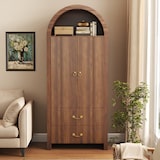 thumbnail of Merax hoge kast met LED-nis, 2 deuren, geribbelde structuur en 2 laden, walnoot, 76 x 38 x 180 cm