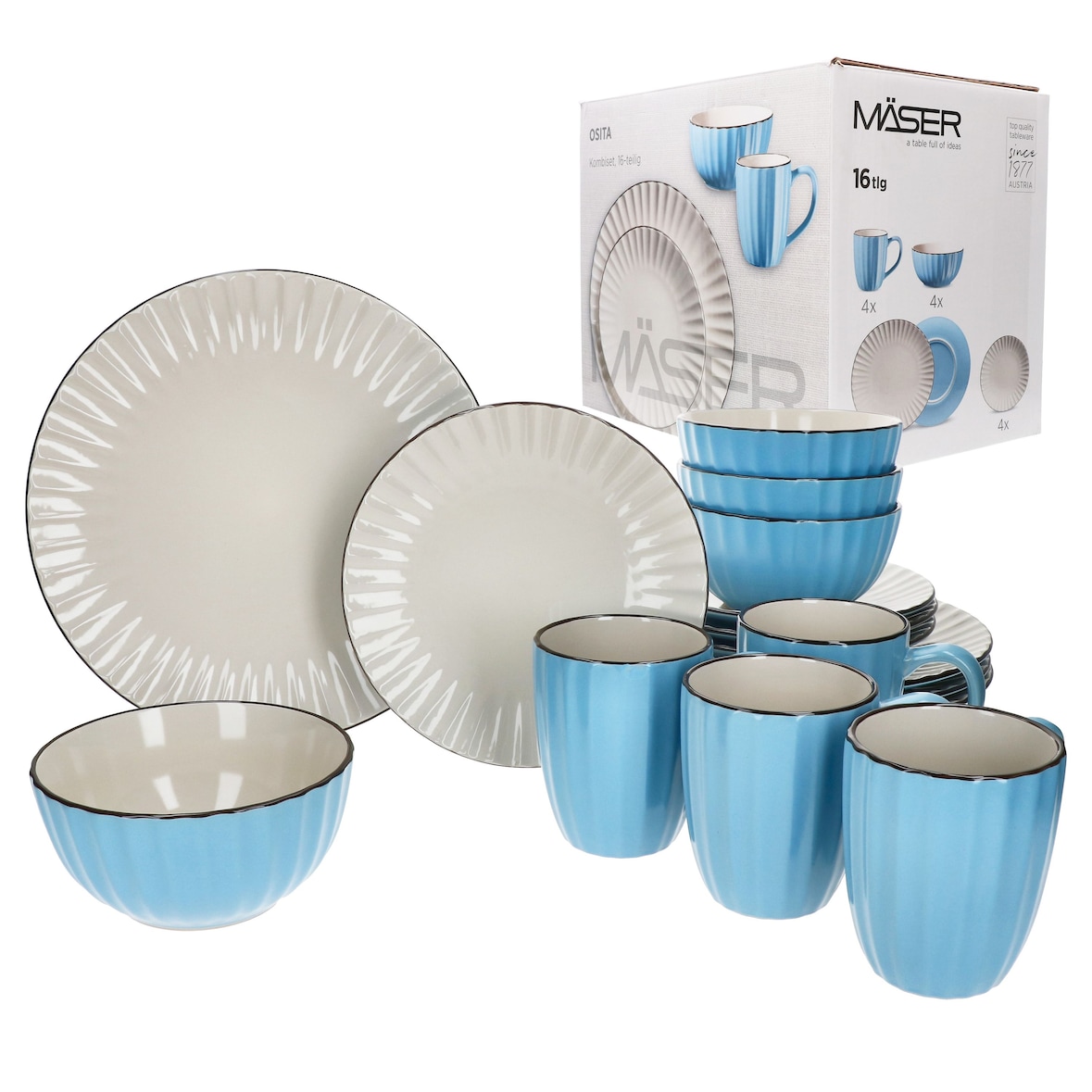OSITA Hellblau Weiß 16tlg Kombiservice Steingut 4 Pers. Becher Schalen Teller Relief