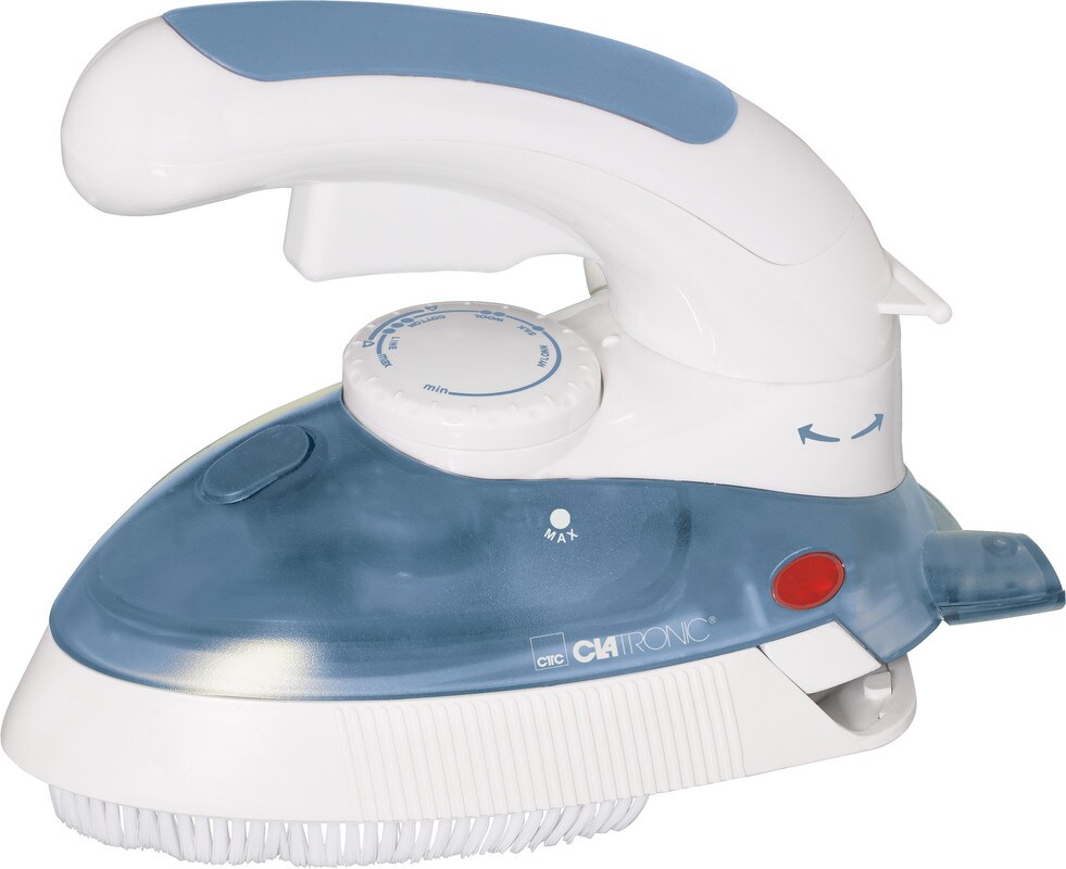 Clatronic DB 3108 B Plancha Ropa Vapor Viaje, Suela Aluminio, Termostato Regulable, con Cepillo Quitapelusas 800W Blanco/azul