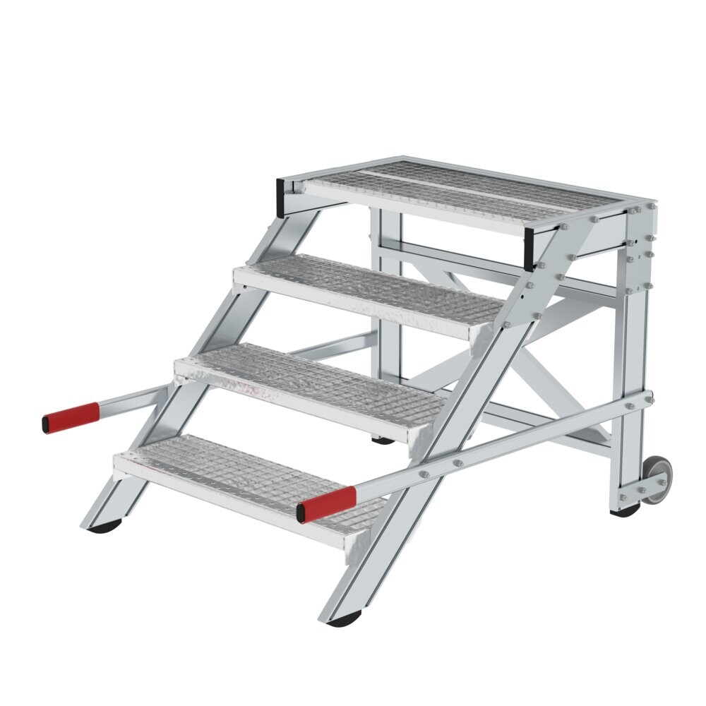 PROREGAL Arbeitspodest fahrbar | Stufenbreite 80cm | 4 Stufen | Stahl-Gitterros | Rutschfeste Kunststoffschuhe