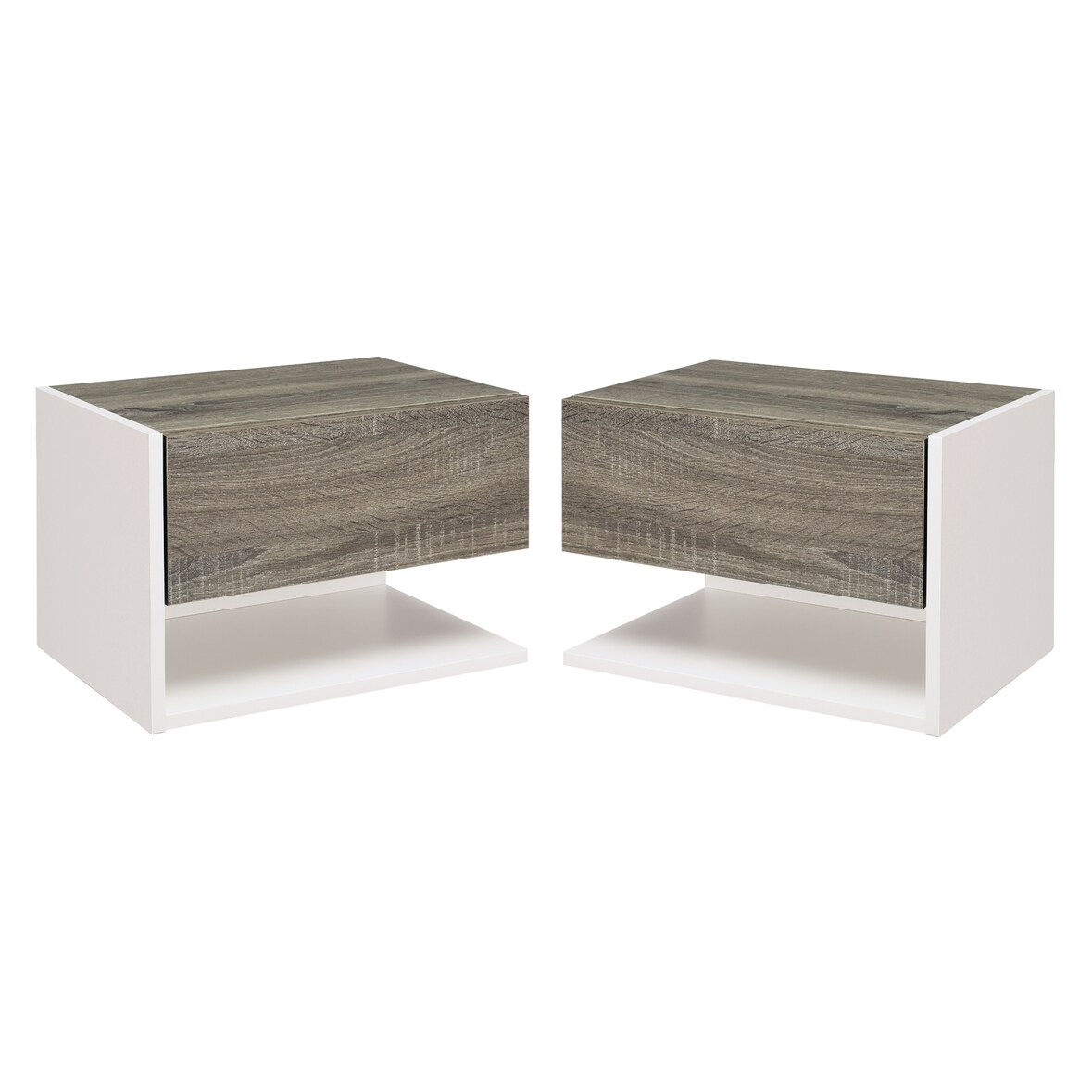 HOMCOM Juego de 2 Mesitas de Noche Flotantes de Madera con 1 Cajón y Estante Abierto Diseño Montado en Pared Moderno 46x30x30 cm Roble y Blanco