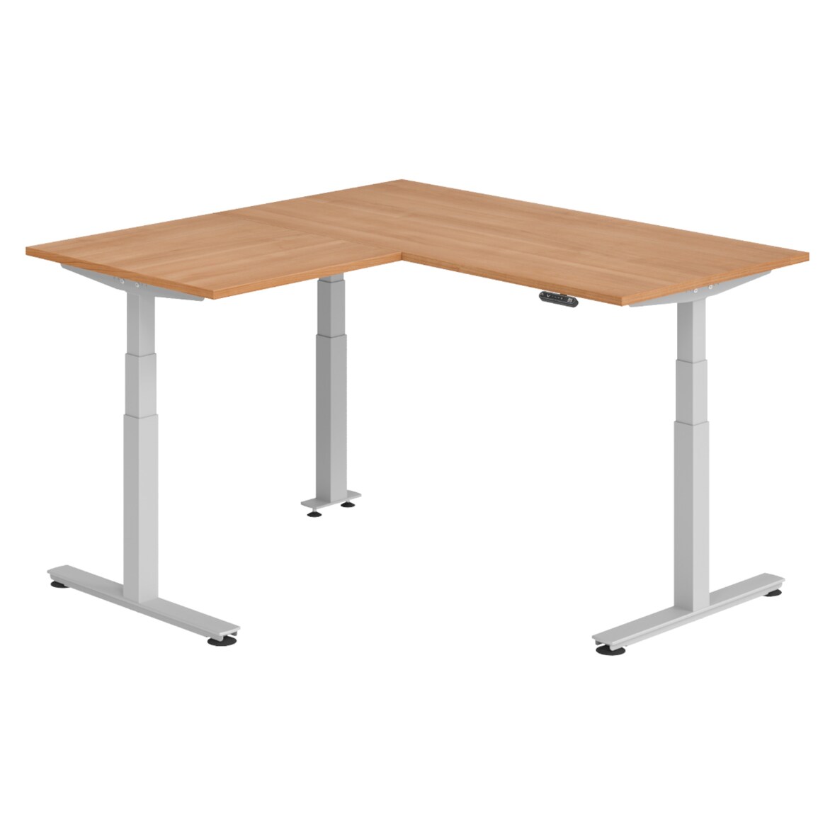 bümö Eckschreibtisch elektrisch höhenverstellbar L-Form: 160 x 160 cm in Nussbaum, Gestell silber - Stehschreibtisch mit Memory-Steuerung,