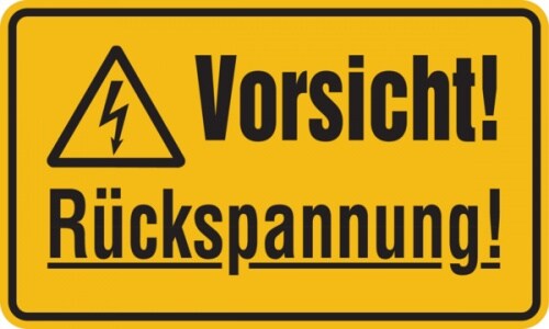 Warnschild, Vorsicht! Rückspannung!, 120 x 200 mm - 200x120 mm Folie selbstklebend