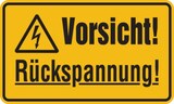thumbnail of Warnschild, Vorsicht! Rückspannung!, 120 x 200 mm - 200x120 mm Folie selbstklebend
