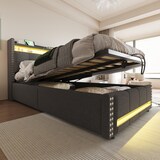thumbnail of Multifunktionales Polsterbett mit Stauraum und LED-Beleuchtung für , USB-Steckdose, hydraulisches Hebesystem, grauer Leinenstoff, 90x200 Grau