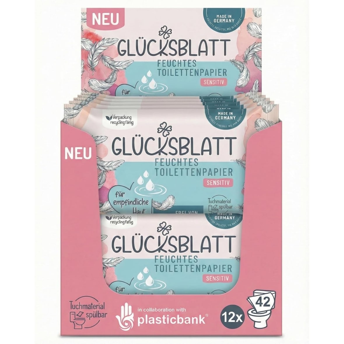 Feuchtes Toilettenpapier SENSITIV, 12x42 Tücher, ohne Duft- & Farbstoffe, dermatologisch getestet, für empfindliche Haut, sanfte Pflege