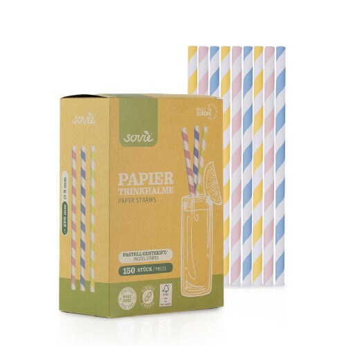 Trinkhalm in Pastell gestreift Rosa Gelb Blau aus Papier, Ø 8 mm / 20 cm, 150 Stück in Pappkarton