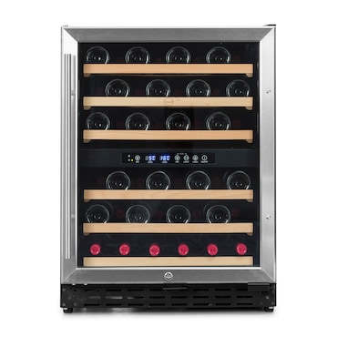 Cave de vinho Vinobox 50 2T em aço inoxidável 50 garrafas 2 temperaturas, de 5º a 10º e de 10º a 18ºC, 90 W, 6 prateleiras de madeira extraíveis