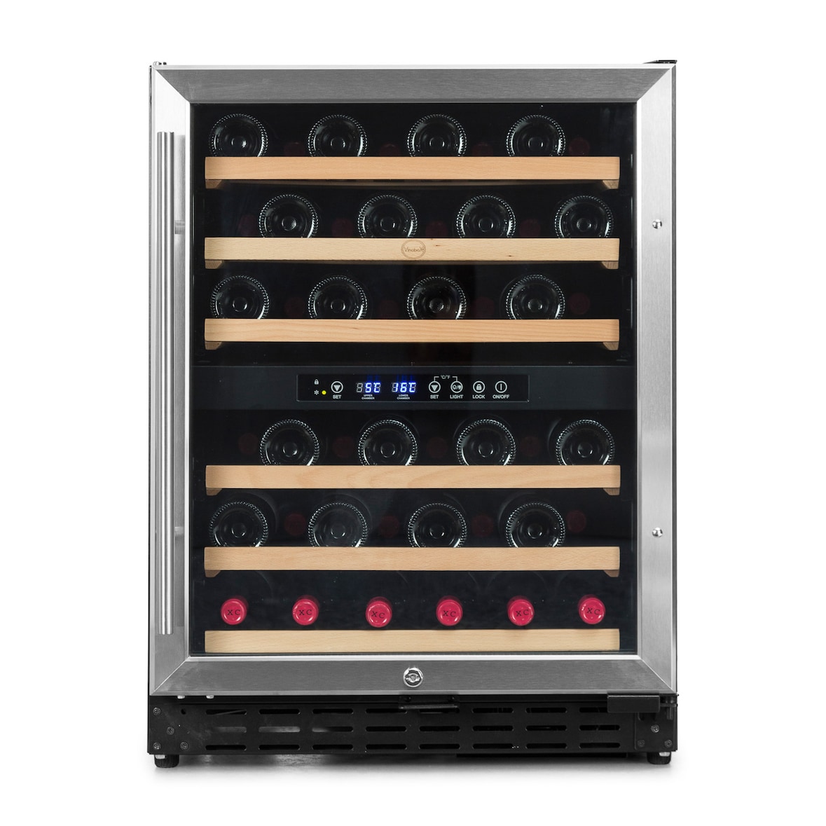 Vinoteca Vinobox 50 2T inox 50 botellas 2 temperaturas, de 5º a 10º y de 10º a 18ºC, 90 W, 6 baldas de madera extraíble