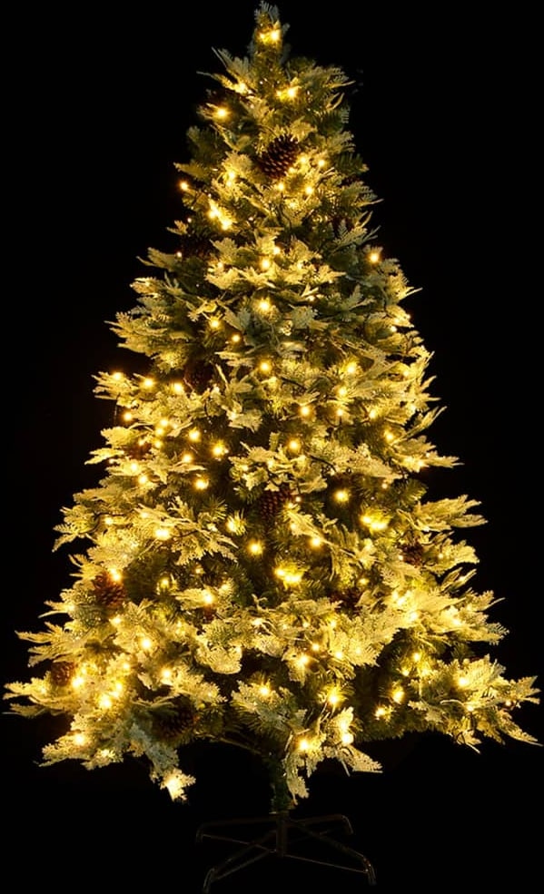 Ein beleuchteter Weihnachtsbaum mit Zapfen.
