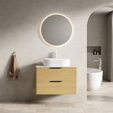 thumbnail of Badezimmer-Waschtisch 62×75×46 cm mit ovalem Keramikwaschbecken, Travertin-Sintersteinplatte, Eichenholz-Schrank mit 2 Schubladen, Beige