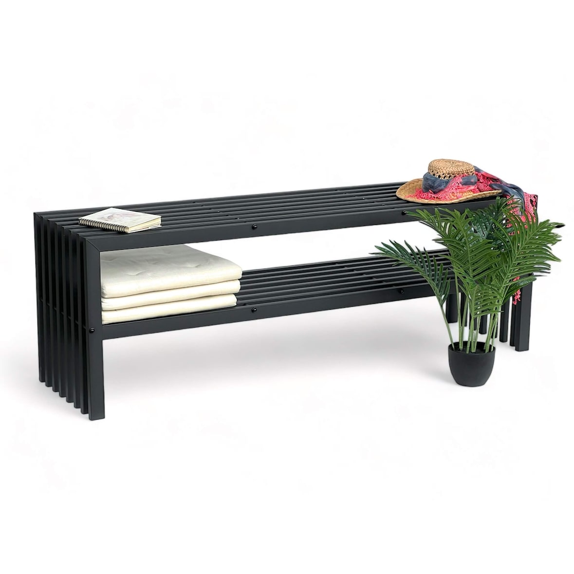 DanDiBo Gartenbank Metall Wetterfest 3 Sitzer Schwarz 150 cm mit 2 Ebenen Sitzbank Eisenbank Gartenmöbel Modern Parkbank