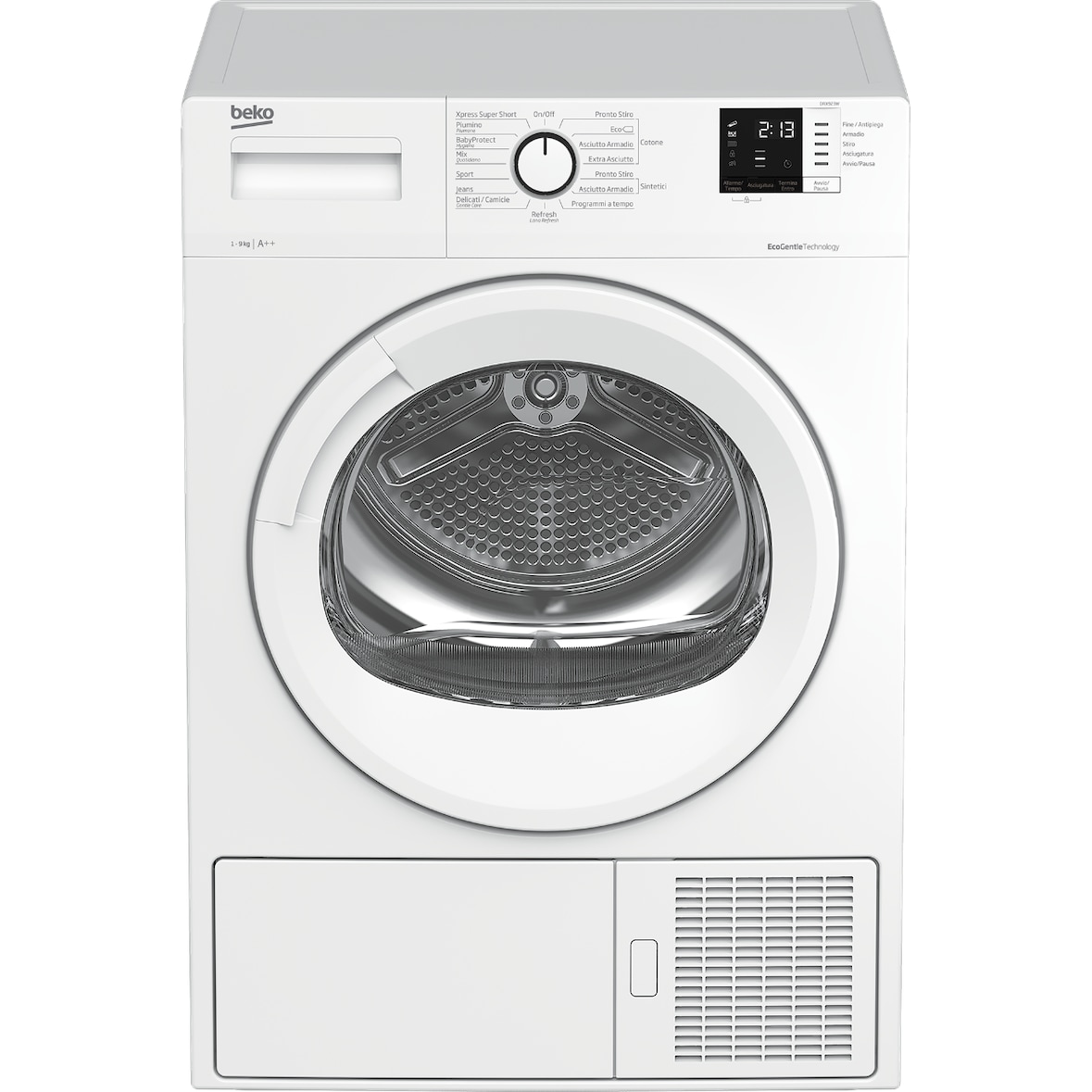 Beko - Asciugatrice Standard 9kg - Classe A++ - Display Digit - oblò bianco con manopola bianca - Dimensioni AxLxP: 84,6x59,7x59,9cm.