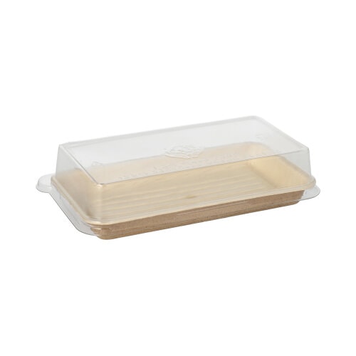 10 Sushi-Schalen Palmblatt eckig 100 ml 4,3 cm x 18,4 cm x 10,4 cm natur mit rPET Deckel Kombipack