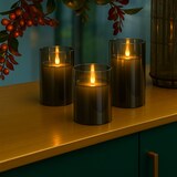 thumbnail of Relaxdays LED Kerzen im Glas, 3er Set, Fernbedienung, Timer & flackernde Flamme, Echtwachs, Windlichter flammenlos, grau