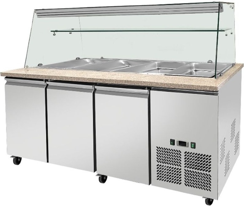 Saladette / Salattheke - 1,88 x 0,82 x 1,40 m - mit 3 Türen - eckigem Glasaufsatz - IDEAL Plus Glasaufsatz 50 cm