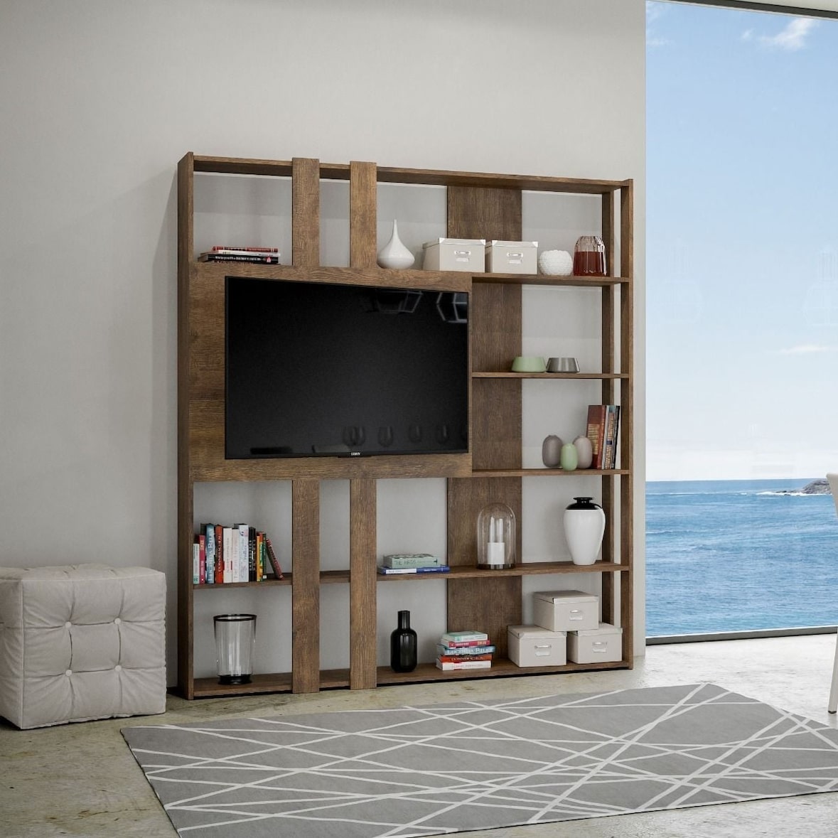 Libreria con porta TV 6 ripiani design moderno 178x36x204 Kato L - Marrone Noce-VE6LKT2FL4FCP-NC
