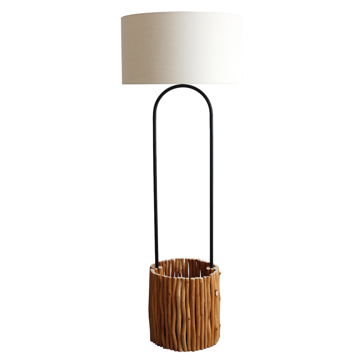 SalesFever Staande lamp drijfhout 155cm | met plantenmand | kap grof linnen | frame drijfhout & metaal | B34xD34xH155cm |natuur-wit-zwart