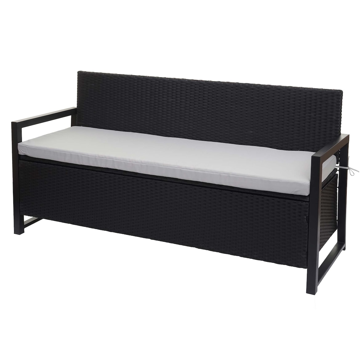 Poly-Rattan 3er Sitzbank HWC-F39, Gartenbank Truhenbank, Staufach Aufbewahrung Sitzkissen ~ anthrazit, Kissen grau