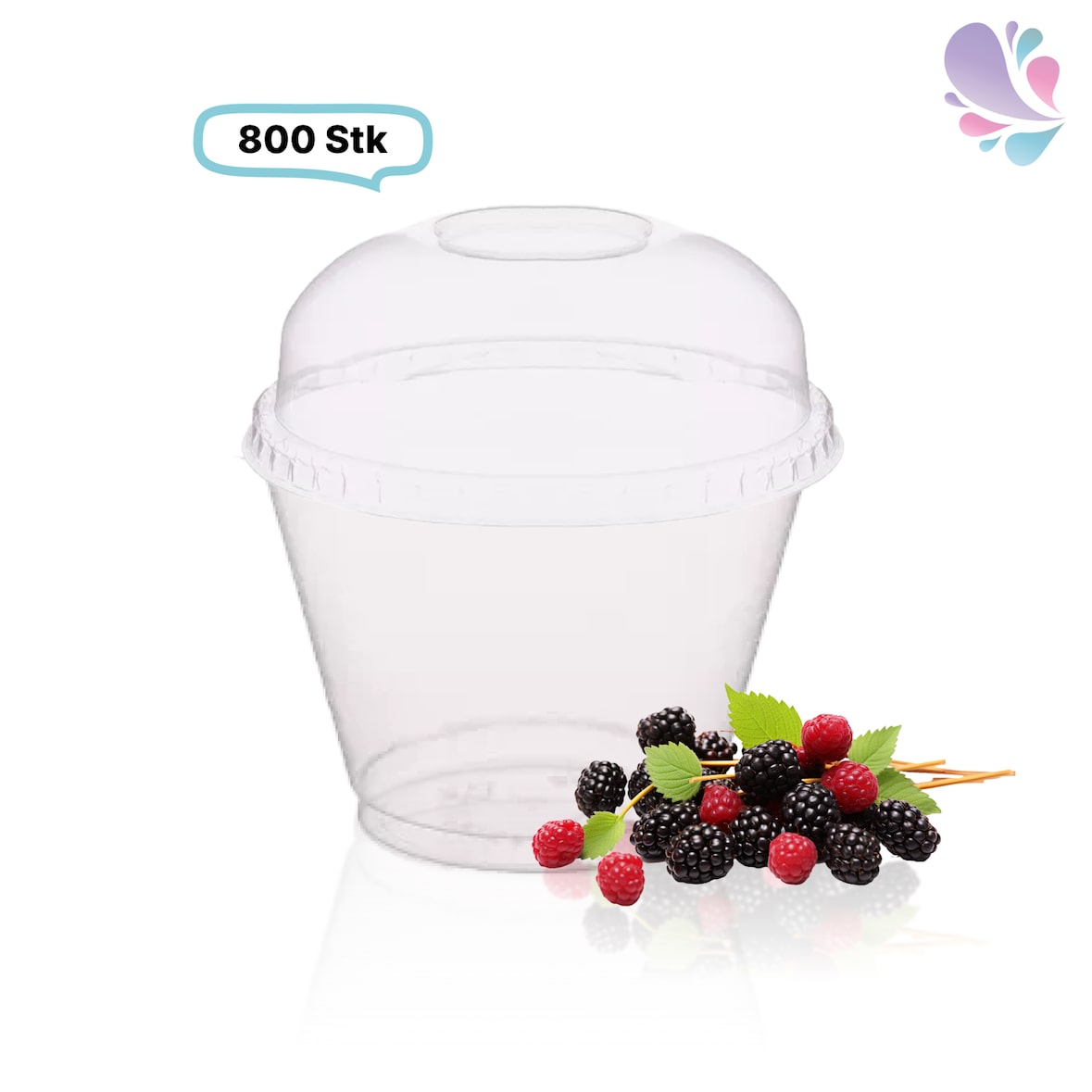 SET: Cups, klare Becher  225ml + Deckel ohne Loch - 800 Stück, transparentes recyceltes PET