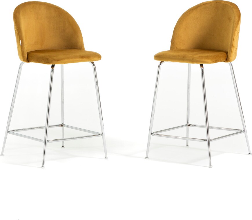 Set 2 sgabelli da bar imbottiti in velluto, gambe in metallo, h.65cm, per bar, ristoranti e cucina, design elegante -Sara XL-Senape/Argento