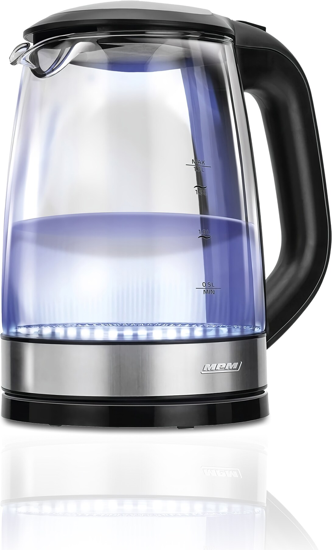 MPM MCZ-78 Hervidor Agua Cristal 1,7L Resistencia Oculta Iluminación LED Apagado Automático 2200 W, Transparente, 2200W