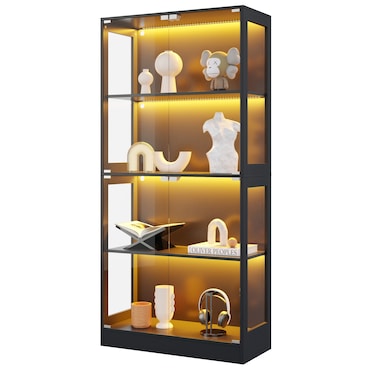 Merax LED-vitrinekast 80x35x170 cm, moderne zwart glazen vitrine, collectievitrine met app-bediening, 4 niveaus, push-to-open deuren