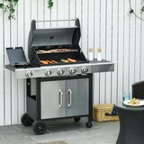 thumbnail of Outsunny Barbacoa de Gas de Acero BBQ con 4+1 Quemadores 15,2 KW Termómetro 2 Mesas Laterales Armario de 2 Puertas y Ruedas con Frenos 128x50x113 cm