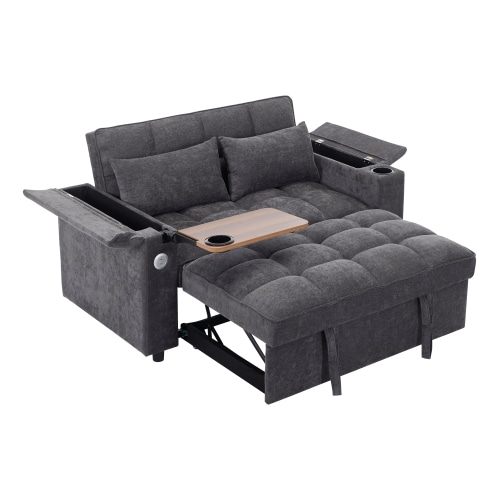 Merax Schlafsofa 3-in-1, 2-Sitzer mit verstellbarer Rückenlehne, USB, verstecktem Tisch & Getränkehalter, Grau