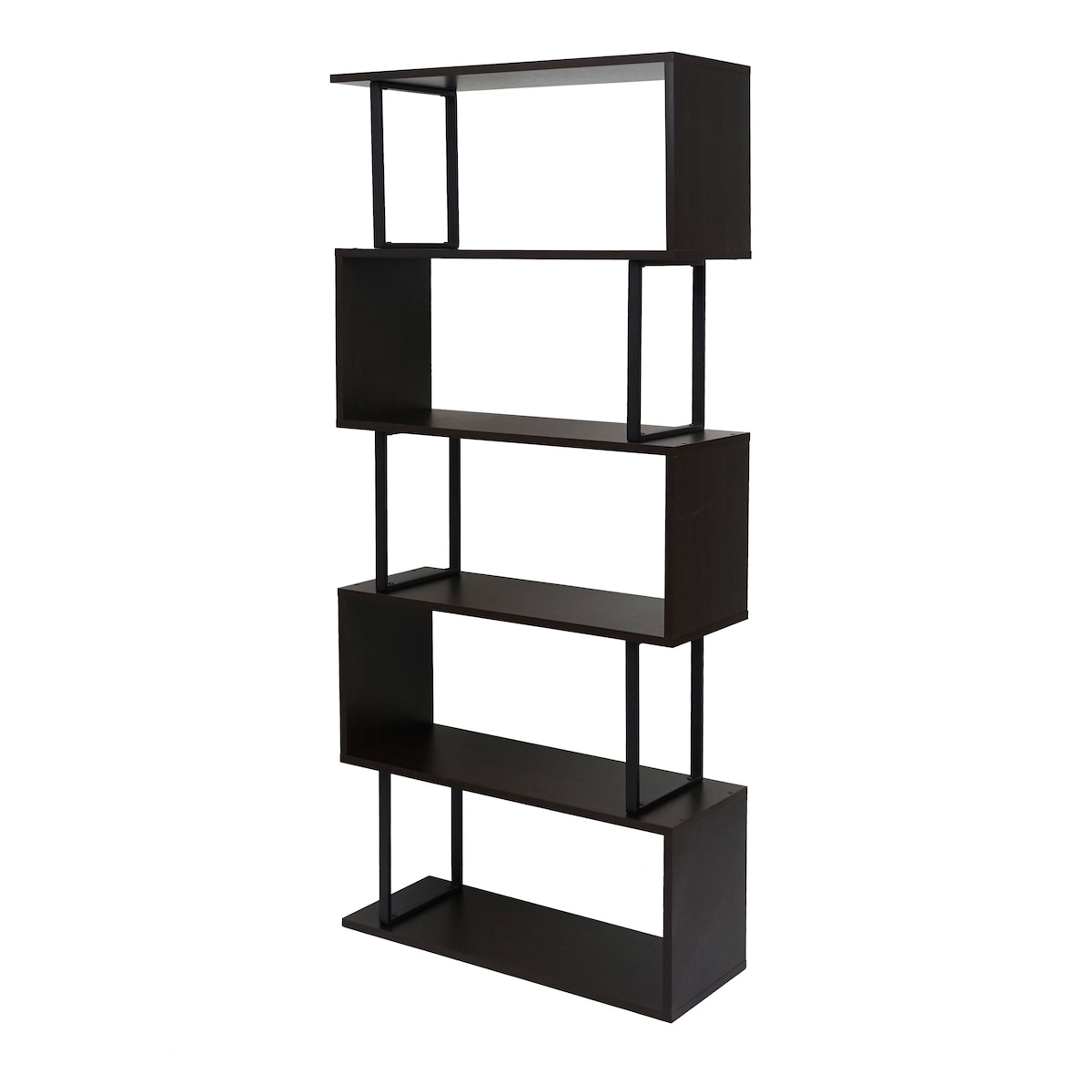 Estante HWC-A27, prateleira de chão para sala de estar, 183x80cm Estrutura 3D de 5 níveis ~ castanho escuro, metal preto