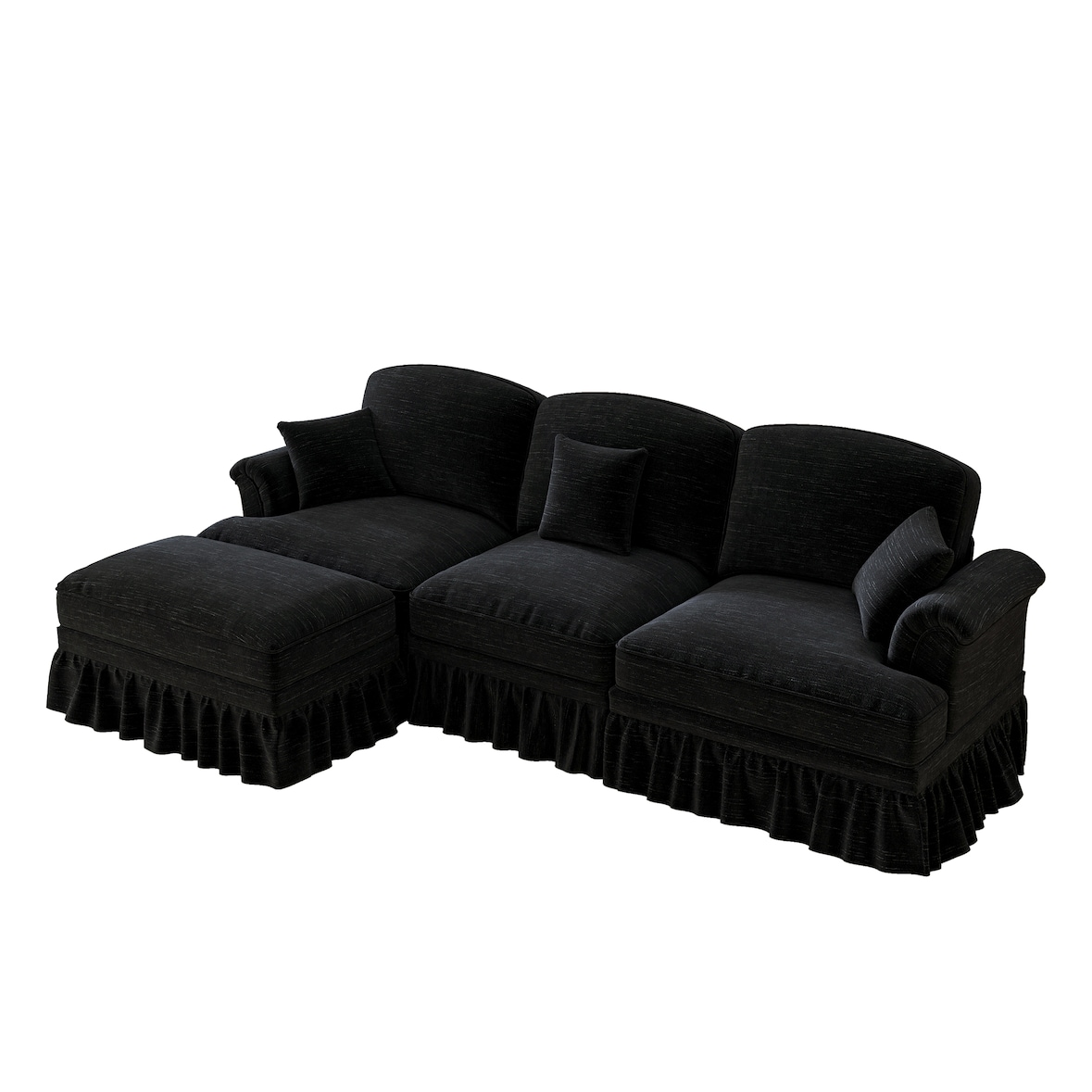 Modulares L-förmiges 3-Sitzer Sofa 93x272x140 Chenille Mid-Century modern Wohnzimmer Couch komfortabel abnehmbare Rüschen Schwarz