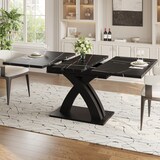 thumbnail of Ausziehbarer Esstisch 160x80x76  Schwarz mit schwarz weißer Musterplatte X Querstreben Metallauszug MDF Tischplatte für Küche Wohnzimmer Balkon