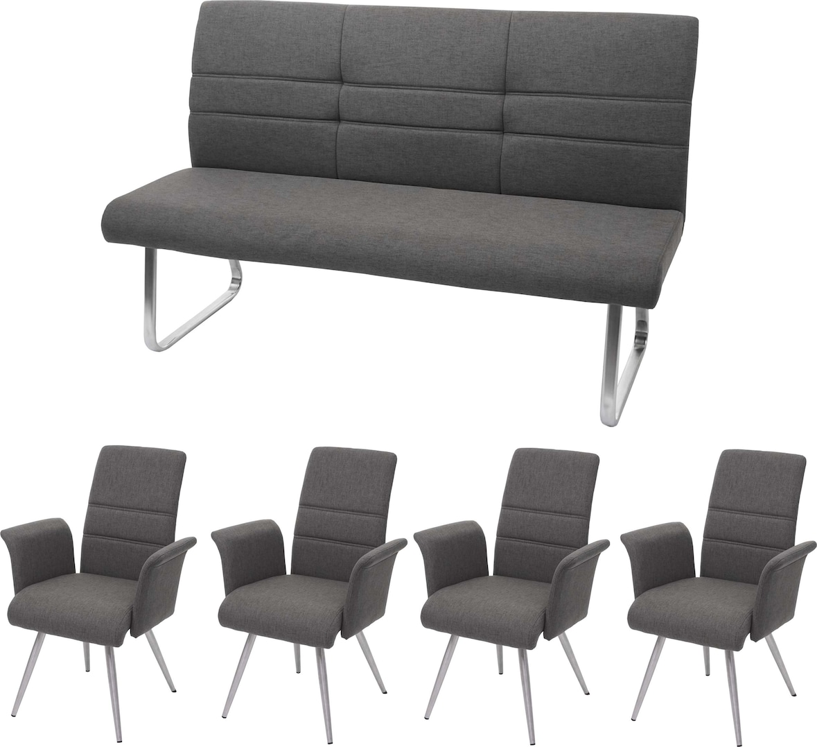 Set 4x Esszimmerstuhl+Sitzbank HWC-G55, Bank Küchenstuhl Stuhl+Armlehne, Stoff/Textil Edelstahl ~ grau-braun Bank 180cm